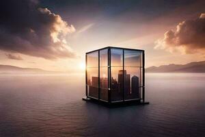 a glass cube sitting on the water with a city in the background. AI-Generated photo