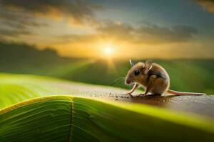 a mouse is standing on a leaf in front of the sun. AI-Generated photo