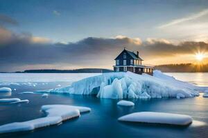 a house on an iceberg in the middle of the ocean. AI-Generated photo