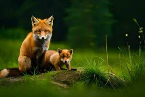 a mother and her cub sitting on a rock in a grassy field. AI-Generated photo