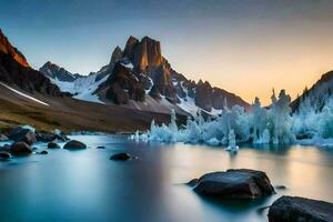 el Dom conjuntos terminado un montaña rango con hielo y rocas generado por ai foto