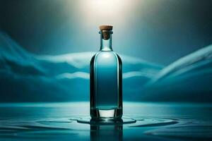 a bottle of blue liquid sitting on the water. AI-Generated photo