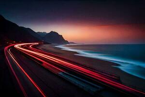 a long exposure photograph of a highway at sunset. AI-Generated photo