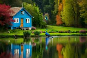 a blue house with a peacock in front of it. AI-Generated photo