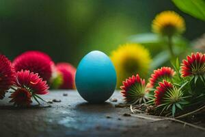 a blue egg sits on a wooden table surrounded by flowers. AI-Generated photo