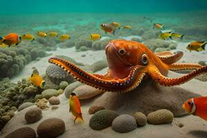 un pulpo y un grupo de pescado en el océano. generado por ai foto