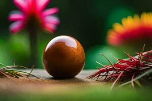 an egg sitting on a table surrounded by flowers. AI-Generated photo