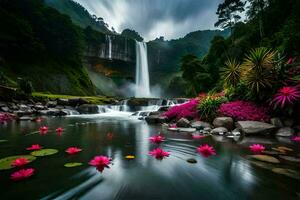 the waterfall is surrounded by pink flowers and water lilies. AI-Generated photo