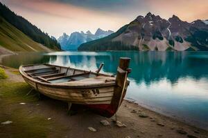 un barco se sienta en el apuntalar de un lago a puesta de sol. generado por ai foto