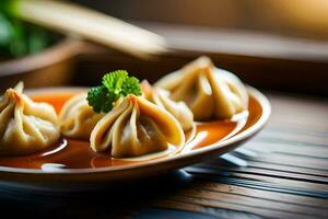 three dumplings on a plate with sauce. AI-Generated photo