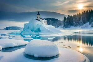 un Iglesia en un iceberg en el medio de un lago. generado por ai foto