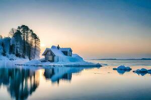 un casa en un isla en el medio de un lago. generado por ai foto