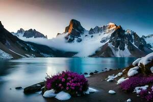 the lake and mountains are covered in snow. AI-Generated photo