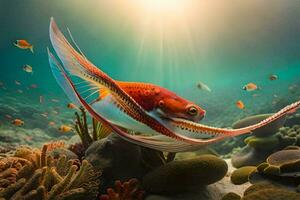 a fish swimming in the ocean with coral reefs. AI-Generated photo