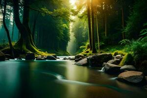 a river runs through a forest with rocks and trees. AI-Generated photo