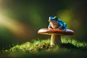 a blue frog sits on top of a red mushroom. AI-Generated photo
