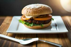 un hamburguesa con queso y Tomates en un blanco lámina. generado por ai foto