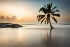 a palm tree stands alone on the beach at sunset. AI-Generated photo