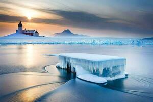 icebergs in the water with a church in the background. AI-Generated photo