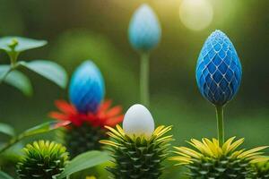 a blue flower with a white egg in the center. AI-Generated photo