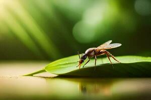 un pequeño insecto en un hoja con luz de sol brillante en él. generado por ai foto