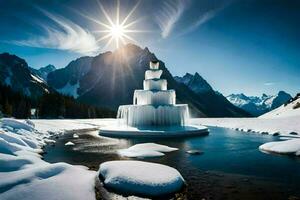 a fountain in the snow with mountains in the background. AI-Generated photo