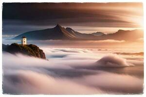 a lighthouse in the clouds above the ocean. AI-Generated photo