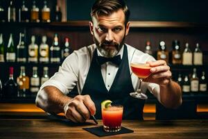 a man in a tuxedo is holding a cocktail. AI-Generated photo