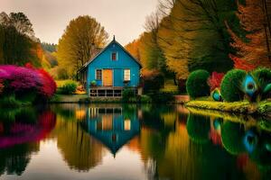 a blue house sits on the edge of a lake. AI-Generated photo