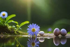 Tres huevos son sentado en el suelo siguiente a un flor. generado por ai foto