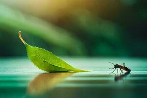 a small insect is standing next to a leaf. AI-Generated photo