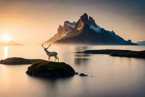 un ciervo soportes en un rock en frente de un montaña. generado por ai foto