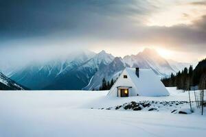 un pequeño cabina en el nieve con montañas en el antecedentes. generado por ai foto