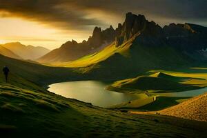 a man stands on a hill overlooking a lake and mountains. AI-Generated photo