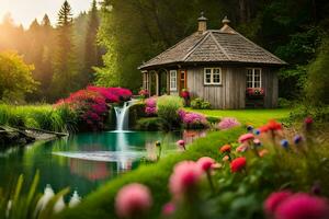 beautiful cottage in the forest with waterfall and flowers. AI-Generated photo