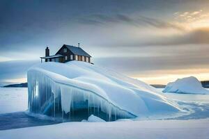 a house on an iceberg in the middle of the ocean. AI-Generated photo