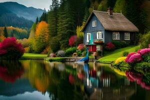a house sits on the edge of a lake surrounded by colorful trees. AI-Generated photo