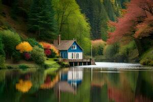 a blue house sits on the edge of a lake. AI-Generated photo