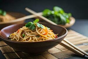 chinese noodles in a bowl with chopsticks. AI-Generated photo