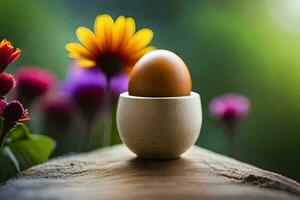 an egg in a vase with flowers. AI-Generated photo