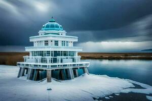 a lighthouse on the frozen lake with storm clouds. AI-Generated photo