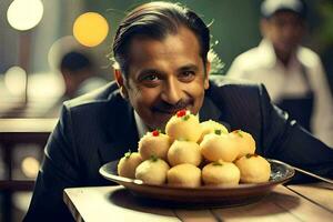 a man in a suit is sitting in front of a plate of food. AI-Generated photo