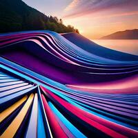 a colorful wave of paper is shown at sunset. AI-Generated photo