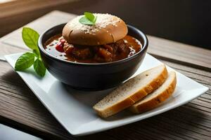 chili con carne in a bowl with bread on a wooden table. AI-Generated photo