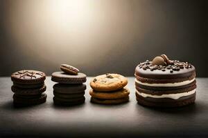 chocolate cookies and cakes on a dark table. AI-Generated photo