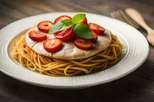 un plato de espaguetis con Tomates y albahaca. generado por ai foto