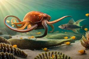 an octopus swimming in the ocean with fish. AI-Generated photo