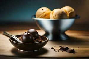 chocolate ice cream in a bowl with two eggs. AI-Generated photo