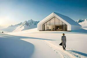 un mujer camina mediante el nieve hacia un casa. generado por ai foto