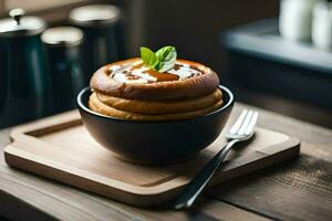 a bowl of food sits on a table. AI-Generated photo